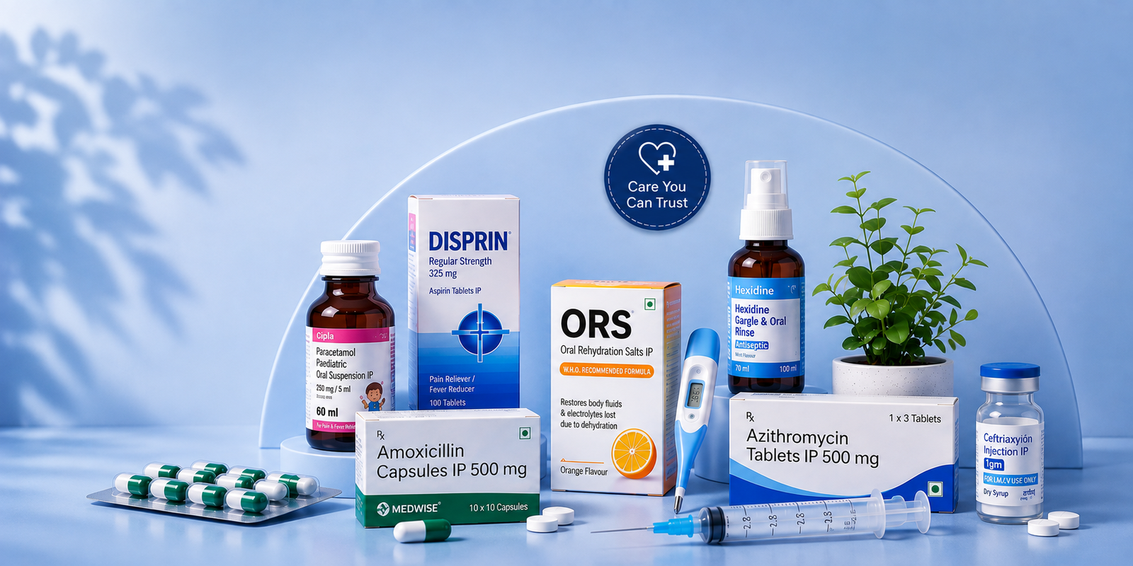 Medicines, blood pressure monitor, glucometer, pain relief spray and surgical face masks