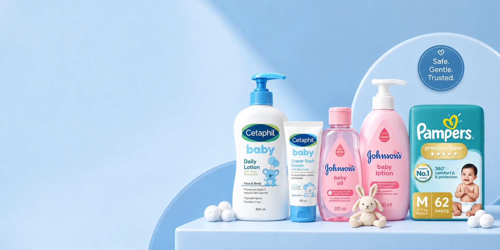 Baby lotion, baby oil, diaper rash cream and diaper pants