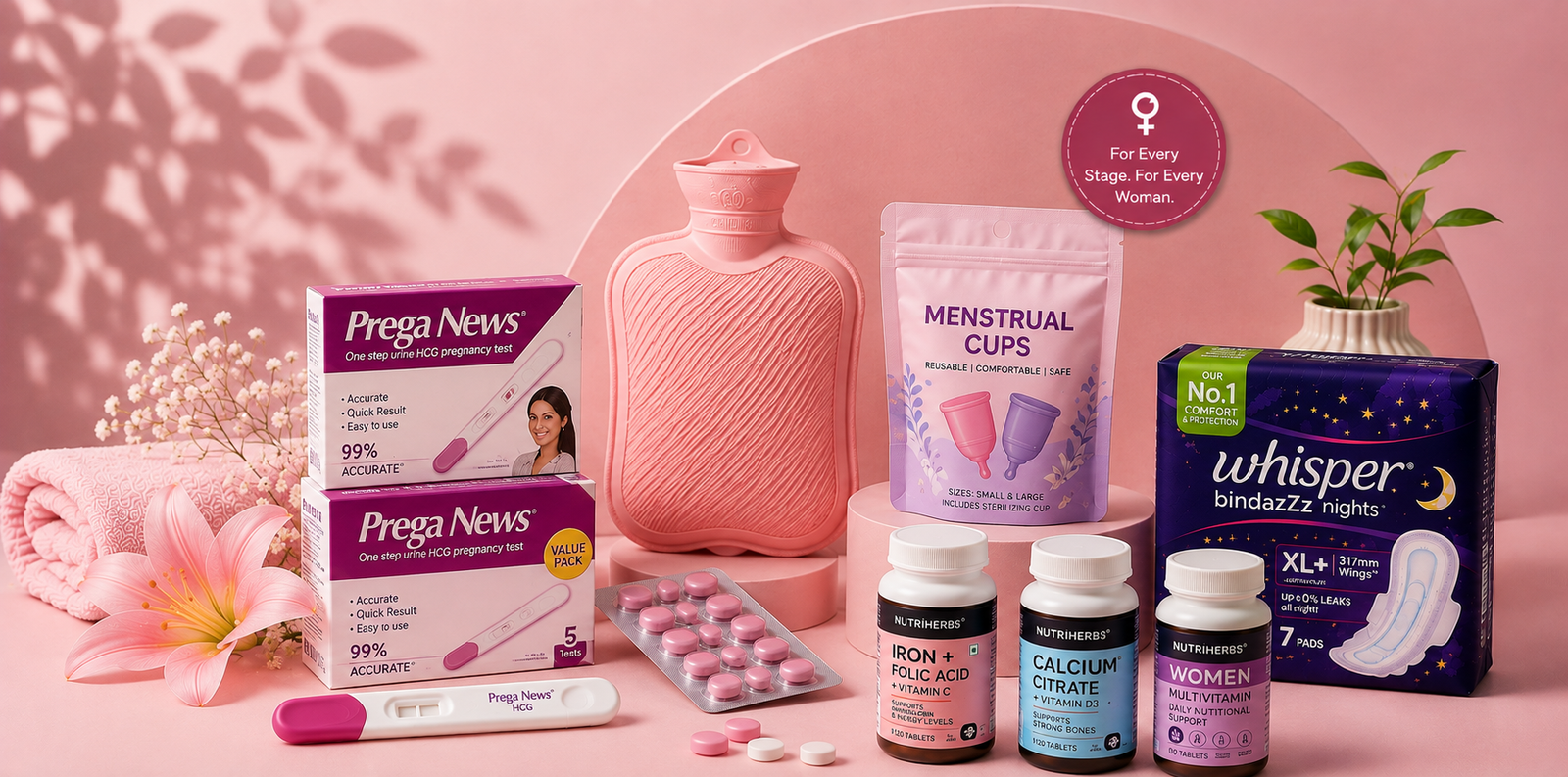 Pregnancy test kits, hot water bag, menstrual cups, sanitary pads and supplements